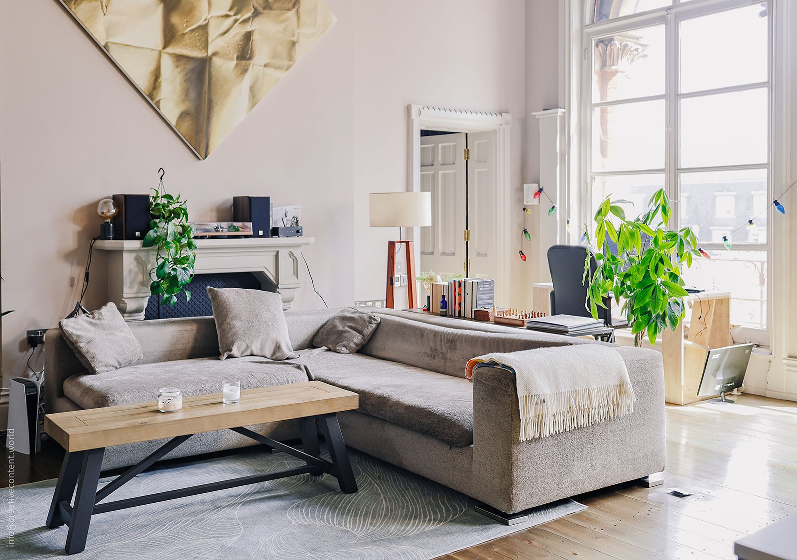 Bright living room with fireplace