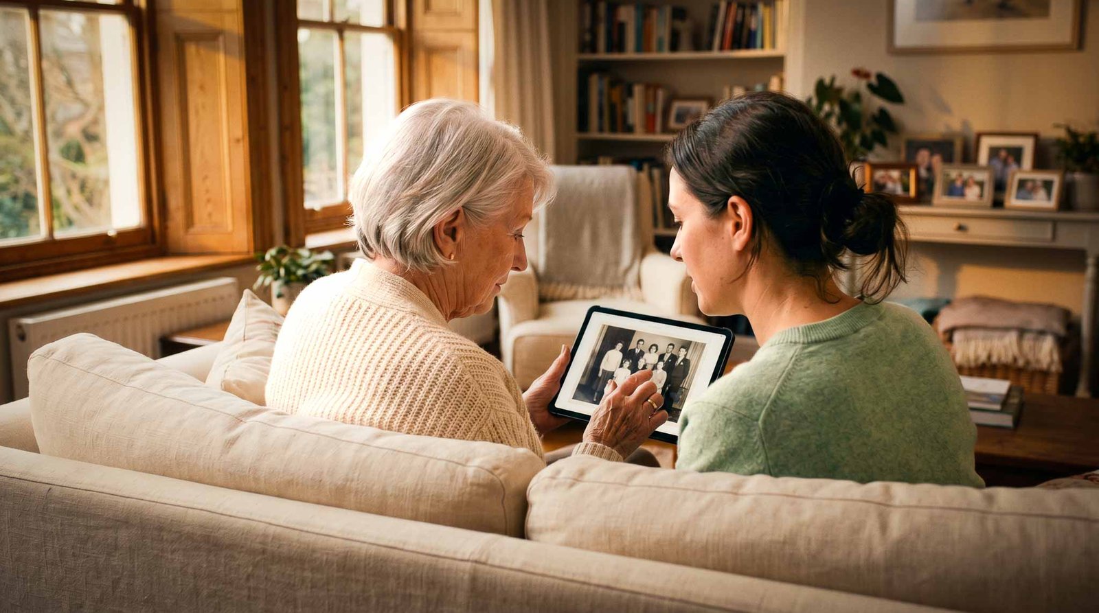Legacy Storytelling — Grandmother and granddaughter sharing family photographs